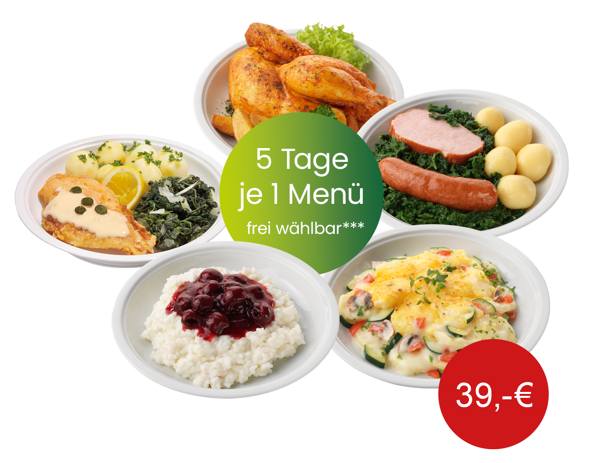 Probierangebot von Gloria: 5 frei wählbare Menüs für 39 € – leckere Vielfalt für jeden Tag! Probierangebot: 5 Gerichte von Gloria für 5 Tage – frei wählbar für 39 €. Abgebildet sind verschiedene Menüs wie Hähnchenkeule, Grünkohl mit Wurst, Fischfilet mit Spinat, Nudelauflauf und Milchreis mit Kirschen.
